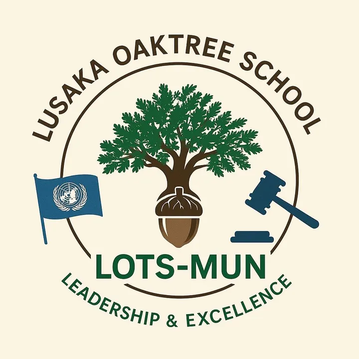Lusaka Oaktree School LOTS-MUN logo: an oak tree growing from an acorn, with a flag and a gavel